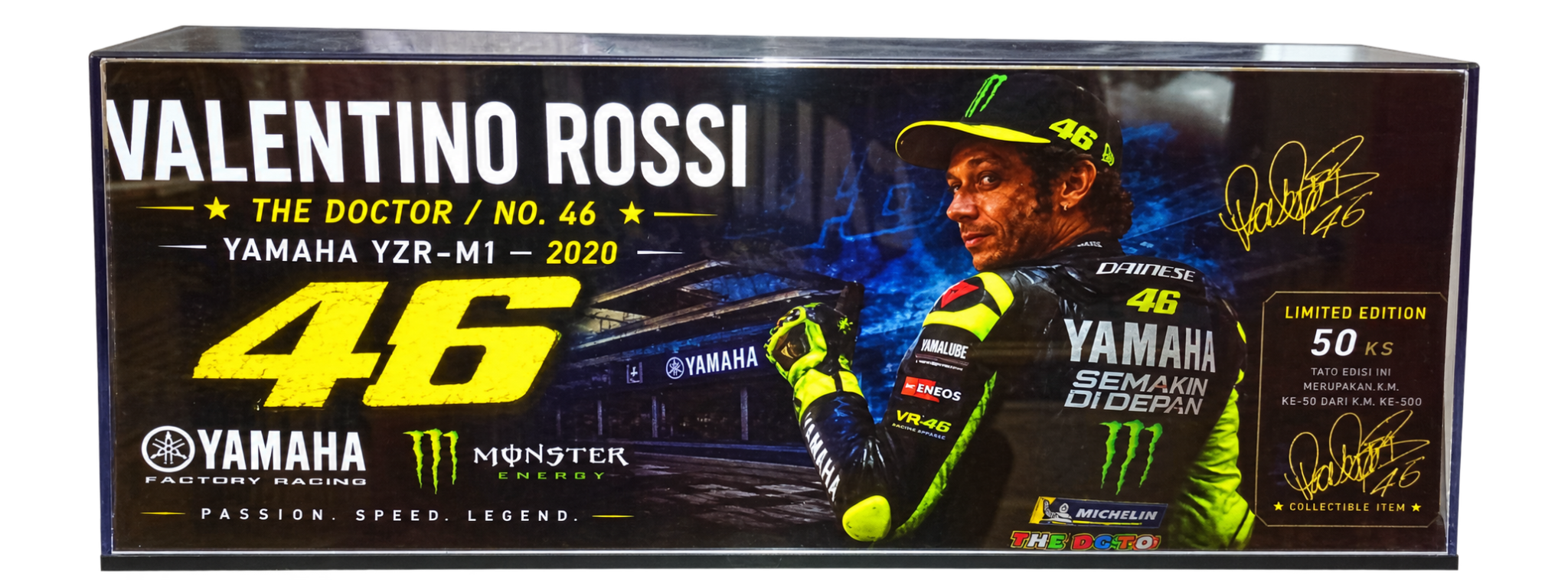 Valentino Rossi 46 – Yamaha YZR-M1 (2020), limitovaná edice ve vitríně